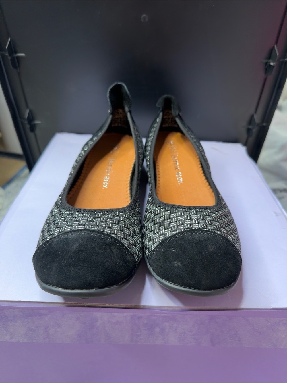 bernie mev. Black Woven & Suede Cap-Toe Ballet Flats